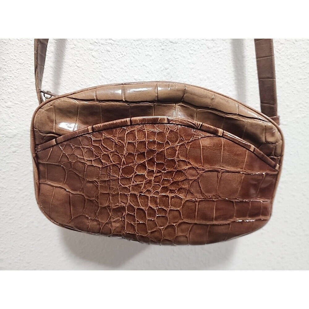 Vintage Carey Adina Leather Alligator Embossed Zip Crossbody Brown Bag